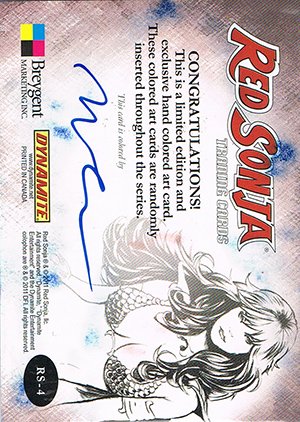 Breygent Marketing Red Sonja Hand-Colored Line Art Card RS-4 From front, with gauntlets