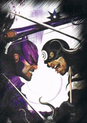 Rittenhouse Archives Marvel Heroes and Villains Base Card 9 Hawkeye vs. Bullseye