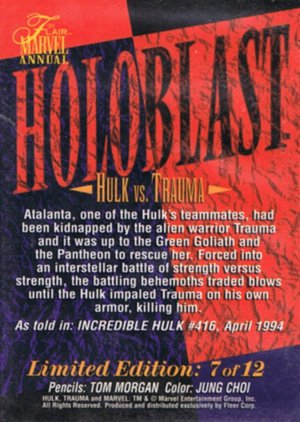 Fleer Marvel Annual Flair '95 HoloBlast Card 7 Hulk vs. Trauma