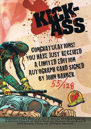 Dynamic Forces Kick-Ass Autograph Card  John Barber - red ink, card 88 (#128)