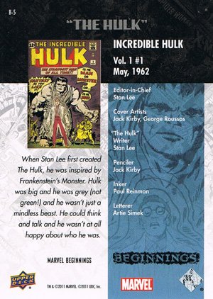 Upper Deck Marvel Beginnings Break Through Card B-5 The Incredible Hulk Vol. 1 #1