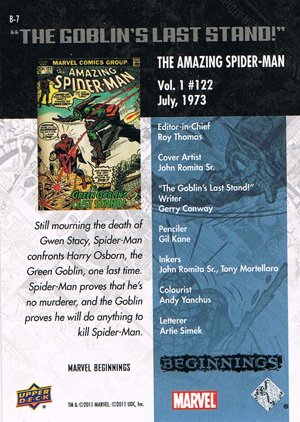 Upper Deck Marvel Beginnings Break Through Card B-7 The Amazing Spider-Man Vol. 1 #122