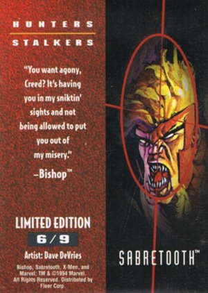 Fleer X-Men '95 Fleer Ultra Hunters & Stalkers Card 6 Sabretooth