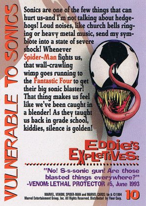 Fleer The Amazing Spider-Man Base Card 10 Vulnerable to Sonics
