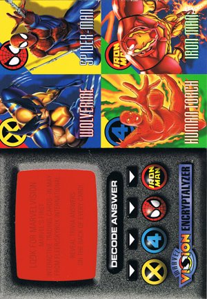 Fleer/Skybox Marvel Vision Promos  Encryptalyzer. Wolverine, Spider-Man, Human Torch, Iron Man (4-up panel, preforated)