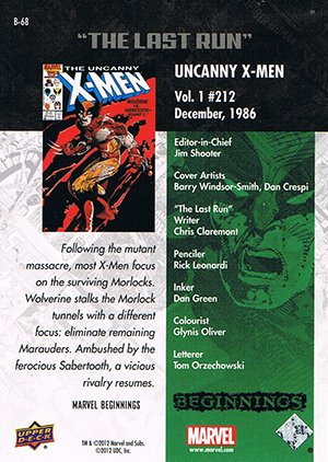 Upper Deck Marvel Beginnings Series II Break Through Card B-68 Uncanny X-Men #212