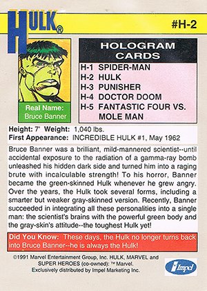 Impel Marvel Universe II Hologram Card H-2 Hulk