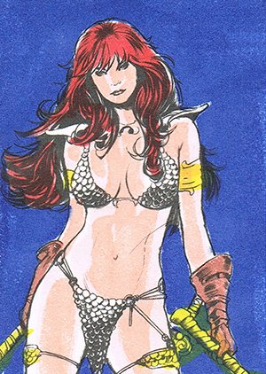 Breygent Marketing Red Sonja Hand-Colored Line Art Card RS-4 From front, with gauntlets