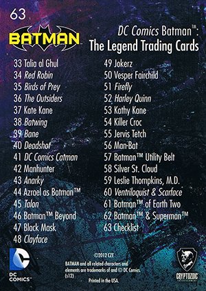 Cryptozoic Batman: The Legend Base Card 63 Checklist