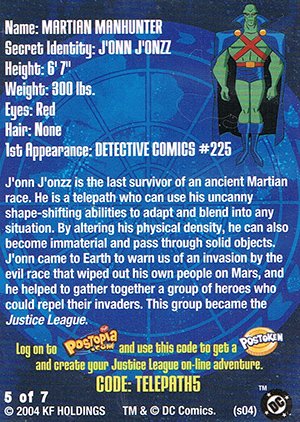 KF Holdings Justice League (Post Cereal) Base Card 5 of 7 Martian Manhunter
