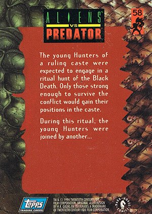Topps Aliens/Predator Universe Base Card 58 The young Hunters of a ruling caste were exp