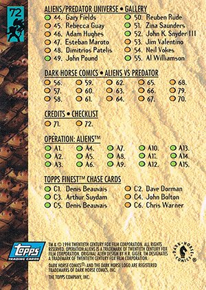 Topps Aliens/Predator Universe Base Card 72 Checklist