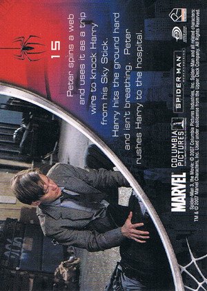 Rittenhouse Archives Spider-Man Movie 3 Base Card 15 Peter spins a web and uses it as a trip wire t
