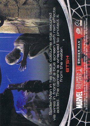 Rittenhouse Archives Spider-Man Movie 3 Base Card BTS4 Spider-Man in his black costume sits secured v