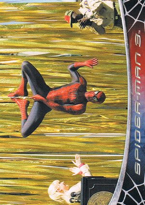 Rittenhouse Archives Spider-Man Movie 3 Base Card 32 Spider-Man lowers himself upside down onto the