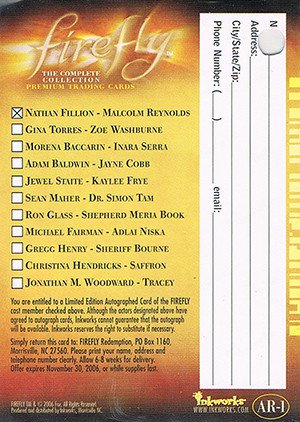Inkworks Firefly: The Complete Collection Autograph Card AR-1 Congratulations - Autograph Redemption Card
