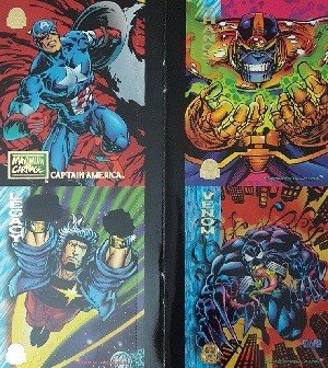 Fleer Marvel Universe V Promos  4-card panel - Thanos/Captain America/Venom/Legacy