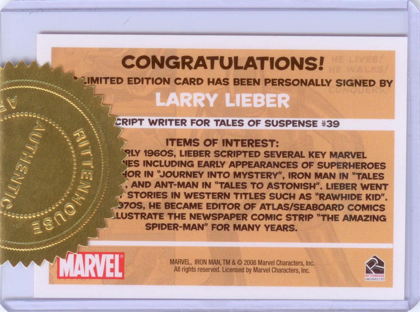 Rittenhouse Archives Iron Man Movie Cards Case Topper Autograph Card  Larry Lieber