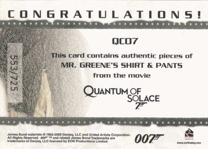 Rittenhouse Archives James Bond Archives Relic Card QC07 Mr. Greene's Shirt & Pants - Dual Costume (725)