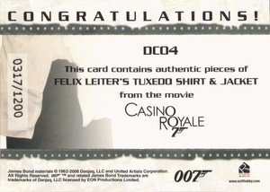 Rittenhouse Archives James Bond In Motion Costume Card DC04 Felix Leiter's Tuxedo Shirt & Jacket from Casino Royale