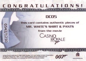 Rittenhouse Archives James Bond In Motion Costume Card DC05 Mr. White's Shirt & Pants from Casino Royale