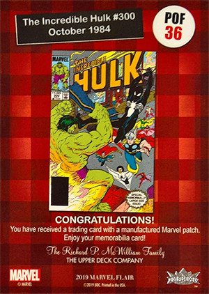 Upper Deck Marvel Flair '19 Pieces of Flair Card POF36 The Incredible Hulk #300