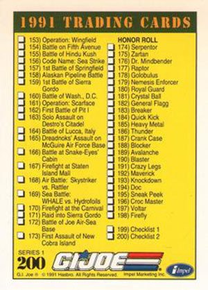 Impel G.I. Joe Series 1 Base Card 200 1991 Checklist 2