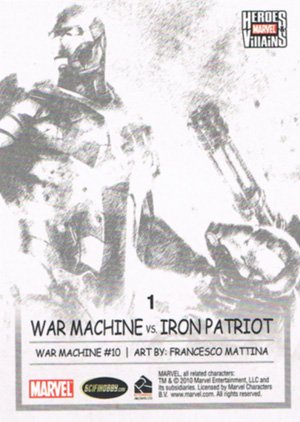 Rittenhouse Archives Marvel Heroes and Villains Base Card 1 War Machine vs. Iron Patriot