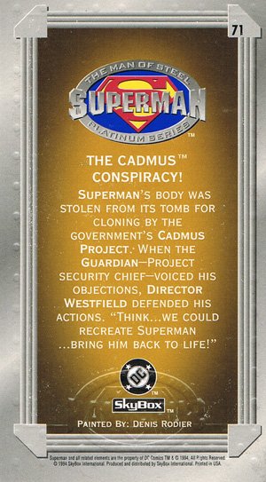 SkyBox Superman: The Man of Steel - Premium Edition Base Card 71 The Cadmus Conspiracy!