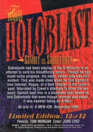 Fleer Marvel Annual Flair '95 HoloBlast Card 12 Gambit vs. Sabretooth