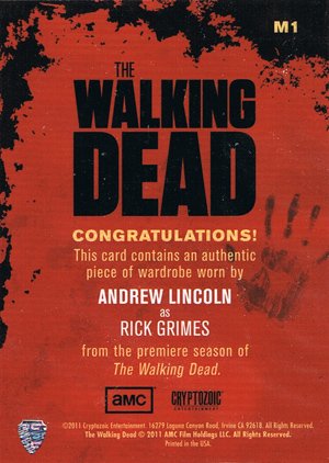 Cryptozoic The Walking Dead Wardrobe Card M1 Andrew Lincoln as Rick Grimes