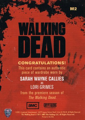 Cryptozoic The Walking Dead Wardrobe Card M2 Sarah Wayne Callies as Lori Grimes