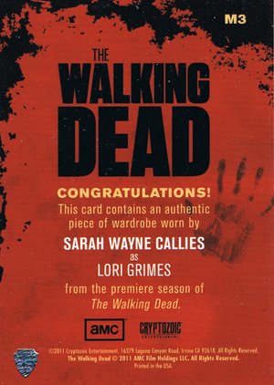 Cryptozoic The Walking Dead Wardrobe Card M3 Sarah Wayne Callies as Lori Grimes