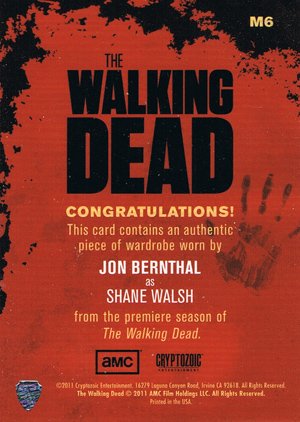 Cryptozoic The Walking Dead Wardrobe Card M6 John Bernthal as Shane Walsh