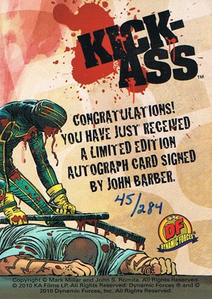 Dynamic Forces Kick-Ass Autograph Card  John Barber - blue ink, card 89 (#284)
